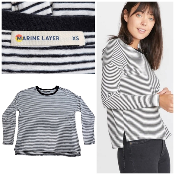 Marine Layer Tops - MARINE LAYER Merritt Crew Black & White Stripe Long Sleeve Shirt XS Modal Supima